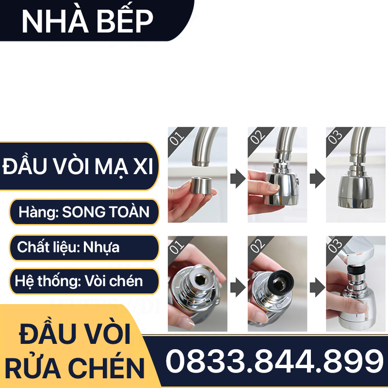 Đầu Vòi Rửa Chén 2 Chế Độ Phun Nước Tăng Áp Xoay 360 Độ - Nhựa Mạ Crome
