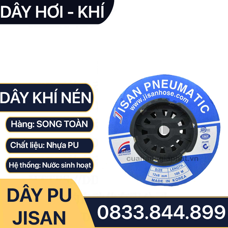 Dây Hơi PU JISAN, Dây Hơi Khí Nén PU JISAN Hàn Quốc Phi 4 6 8 10 12 16 - Cuộn 100 Mét Xanh