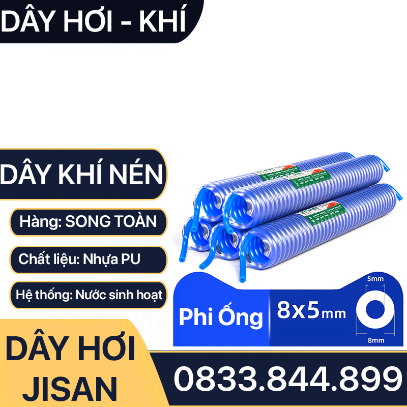 Dây Hơi Bơm Xe, Dây Xoắn Màu Xanh JISAN Bơm Hơi Khí Nén - Kèm Bộ Nối Nhanh