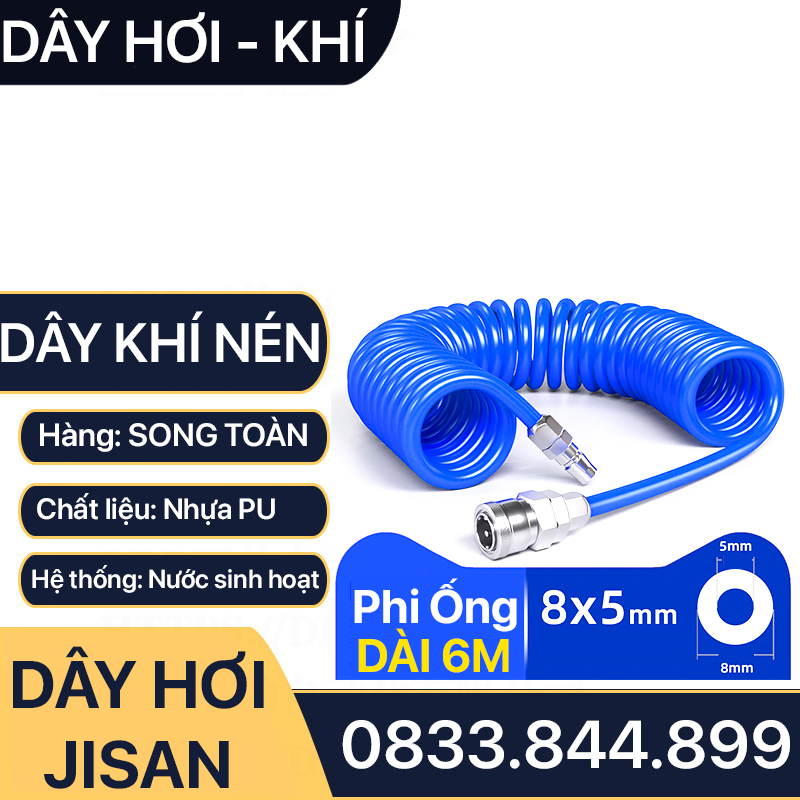 Dây Hơi Bơm Xe, Dây Xoắn Màu Xanh JISAN Bơm Hơi Khí Nén - Kèm Bộ Nối Nhanh