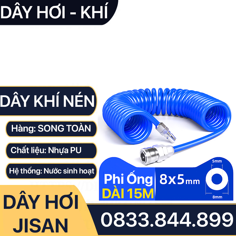 Dây Hơi Bơm Xe, Dây Xoắn Màu Xanh JISAN Bơm Hơi Khí Nén - Kèm Bộ Nối Nhanh