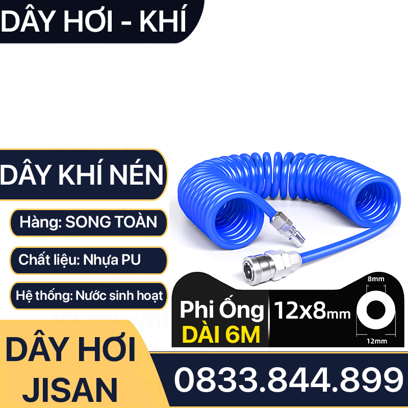 Dây Hơi Bơm Xe, Dây Xoắn Màu Xanh JISAN Bơm Hơi Khí Nén - Kèm Bộ Nối Nhanh