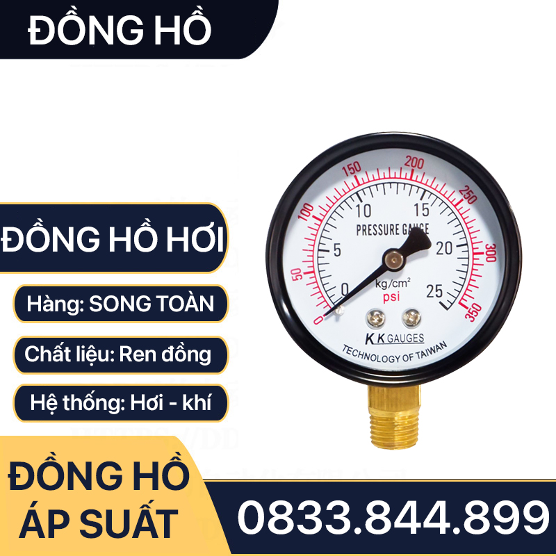 Đồng Hồ Áp Suất Hơi, Đồng Hồ Hơi Đo Áp Suất Mặt 63mm