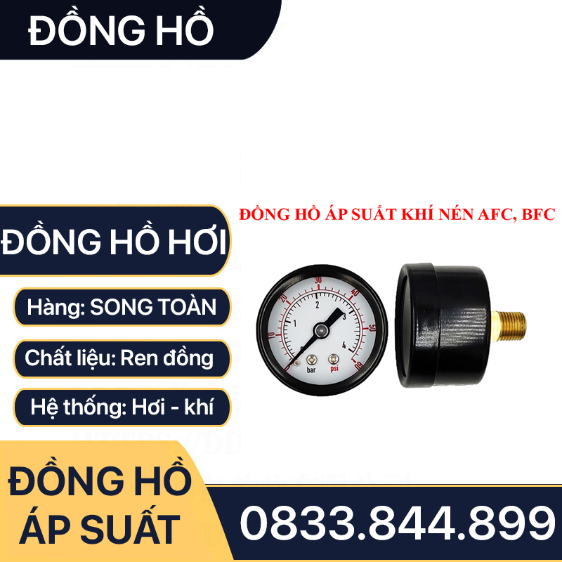 Đồng Hồ Áp Suất Hơi Chân Sau, Đồng Hồ Hơi Đo Áp Suất Chân Sau Mặt 38mm Lắp Lọc Khí Nén AFC