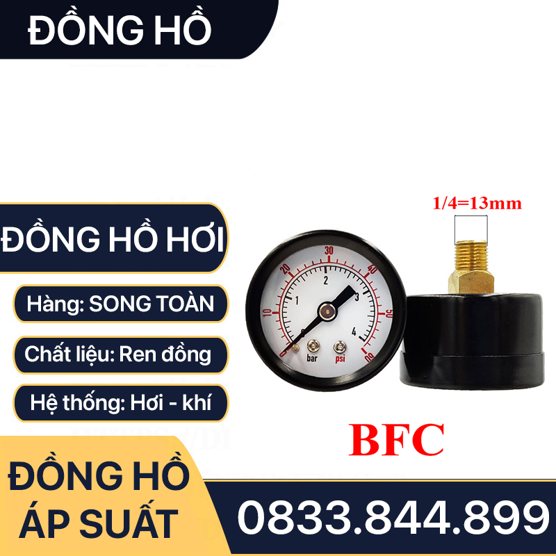 Đồng Hồ Áp Suất Hơi Chân Sau, Đồng Hồ Hơi Đo Áp Suất Chân Sau Mặt 38mm Lắp Lọc Khí Nén AFC