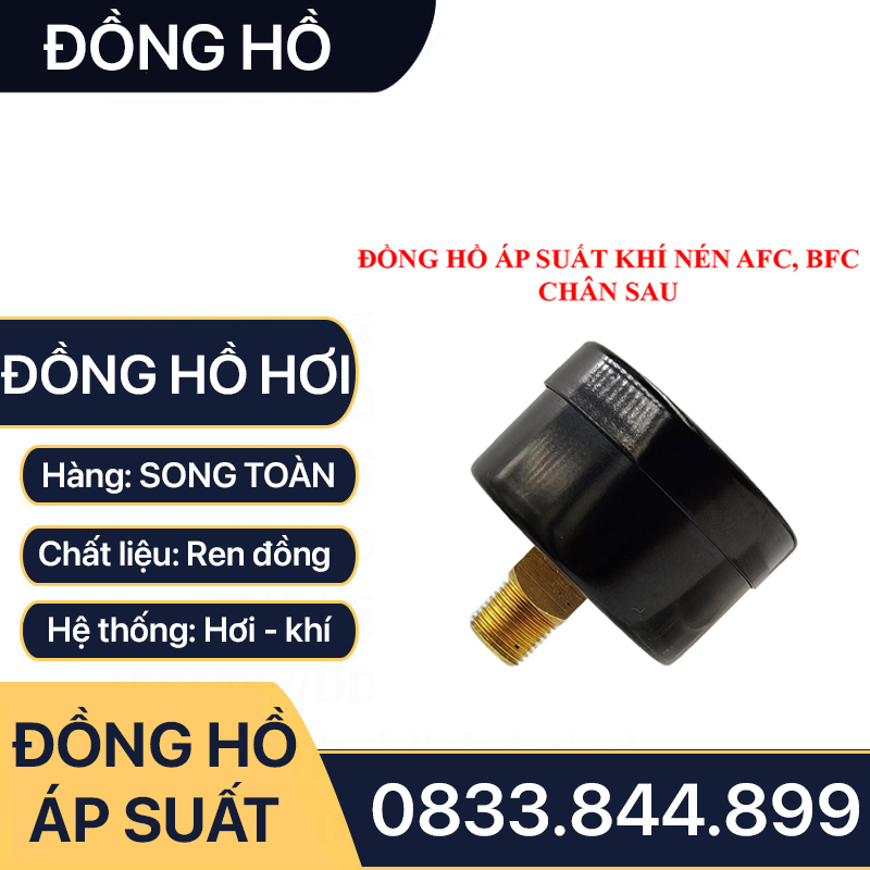 Đồng Hồ Áp Suất Hơi Chân Sau, Đồng Hồ Hơi Đo Áp Suất Chân Sau Mặt 38mm Lắp Lọc Khí Nén AFC