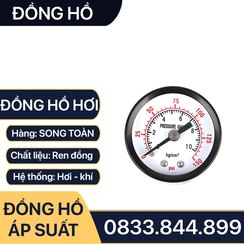 Đồng Hồ Áp Suất Hơi Chân Sau, Đồng Hồ Hơi Đo Áp Suất Chân Sau Mặt 38mm Lắp Lọc Khí Nén AFC