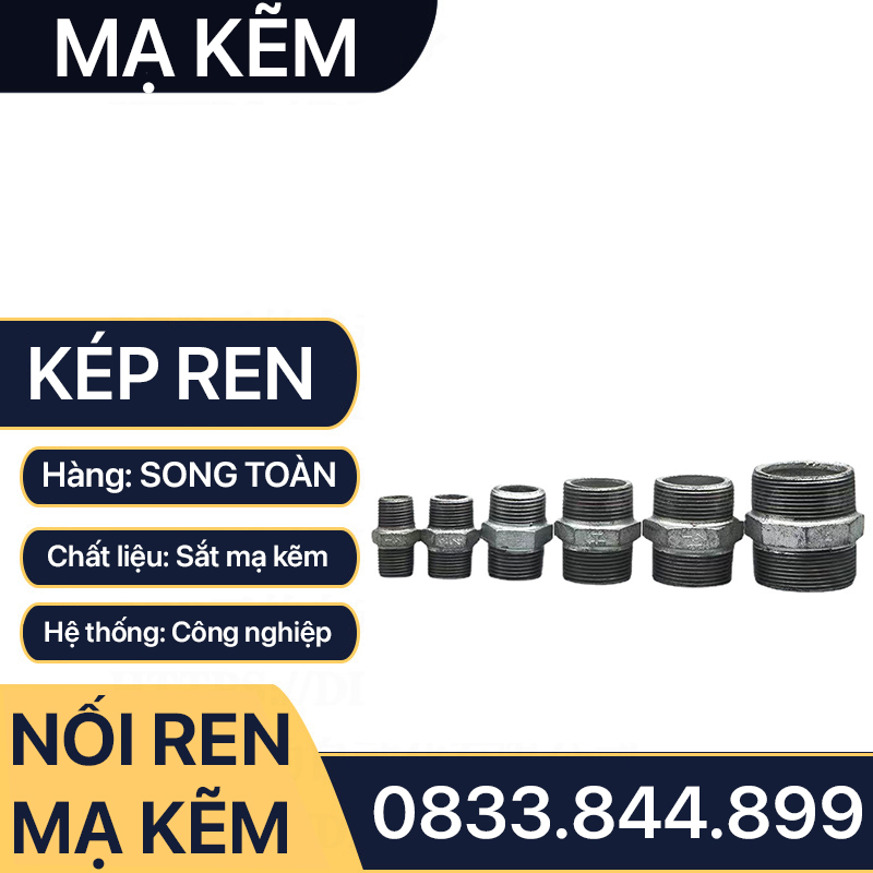 Kép Ren Mạ Kẽm, Hai Đầu Ren Ngoài Sắt Mạ Kẽm