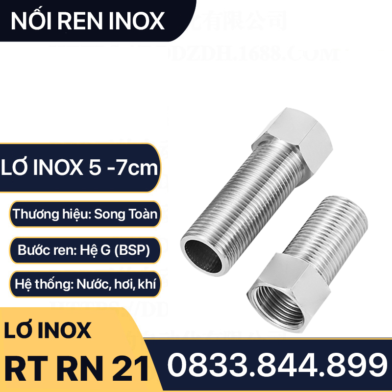 Lơ Inox, Nối Ren Trong Ren Ngoài Inox Dài 5, 7cm