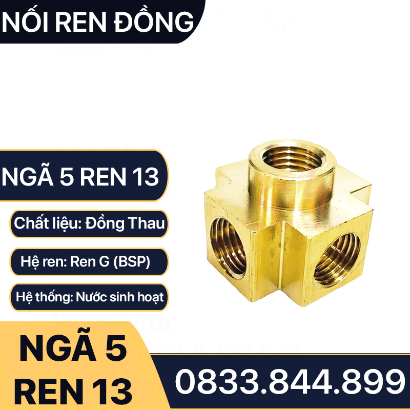 Ngã 5 Ren Trong Đồng, Đầu Nối Ren Trong 5 Ngã - Đồng Thau