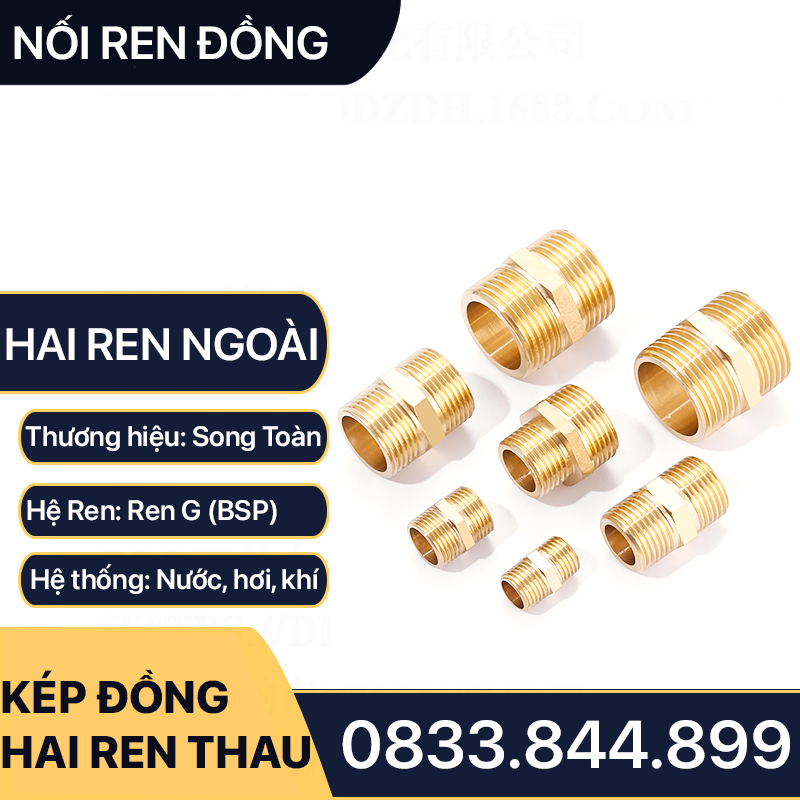 Kép đều, hai đầu ren ngoài thau - Bằng đồng