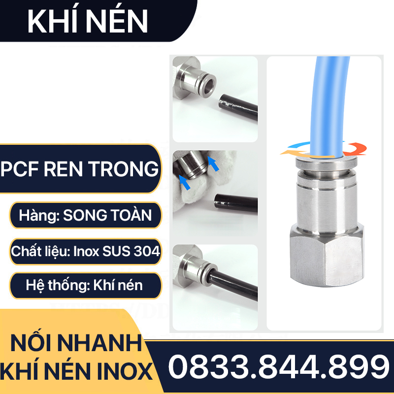 IPCF Ren Trong Nối Nhanh Inox 304, Đầu Nối Nhanh Ren Trong Cắm Ống PU Inox 304