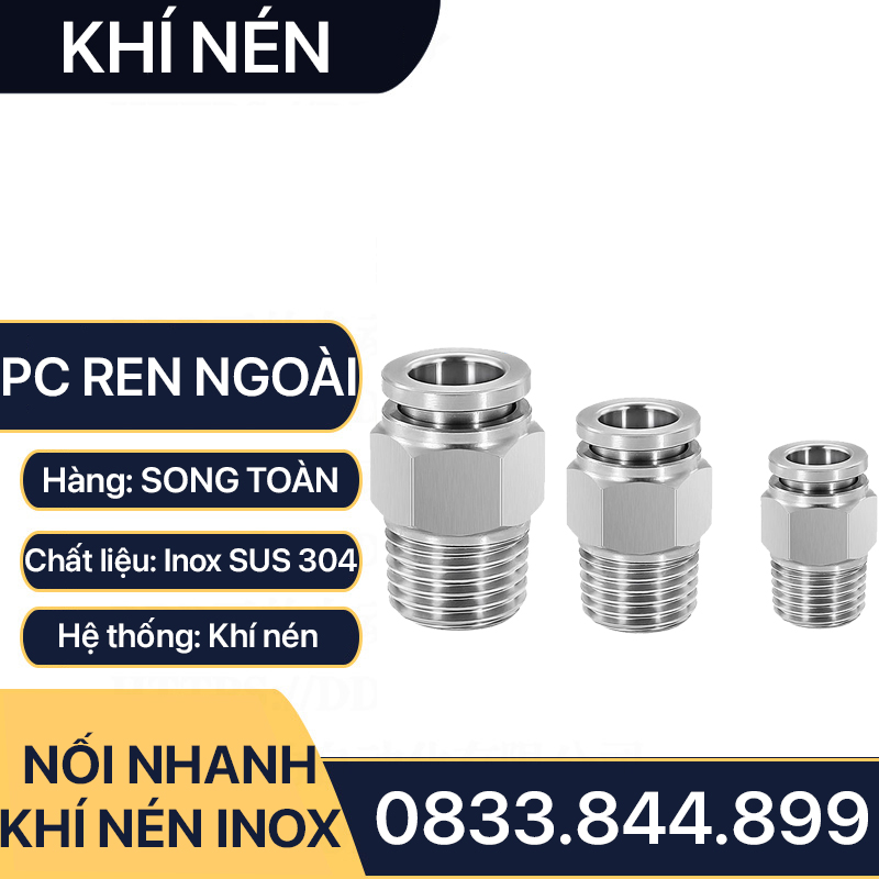 IPC Ren Ngoài Nối Nhanh Inox 304, Đầu Nối Nhanh Ren Ngoài Cắm Ống PU Inox 304