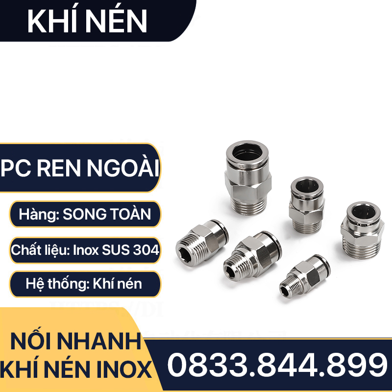 IPC Ren Ngoài Nối Nhanh Inox 304, Đầu Nối Nhanh Ren Ngoài Cắm Ống PU Inox 304