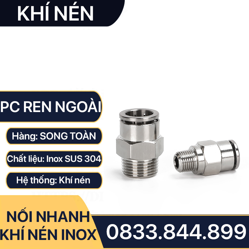 IPC Ren Ngoài Nối Nhanh Inox 304, Đầu Nối Nhanh Ren Ngoài Cắm Ống PU Inox 304