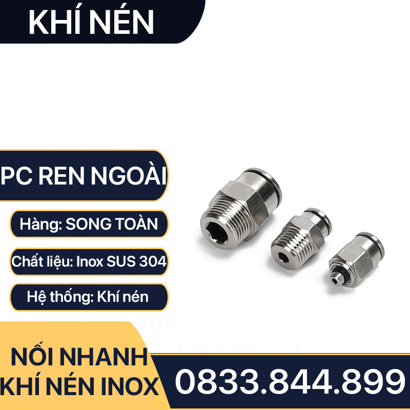 IPC Ren Ngoài Nối Nhanh Inox 304, Đầu Nối Nhanh Ren Ngoài Cắm Ống PU Inox 304