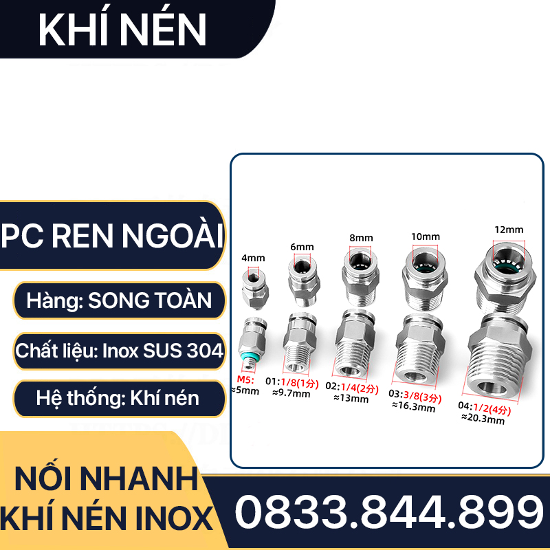 IPC Ren Ngoài Nối Nhanh Inox 304, Đầu Nối Nhanh Ren Ngoài Cắm Ống PU Inox 304