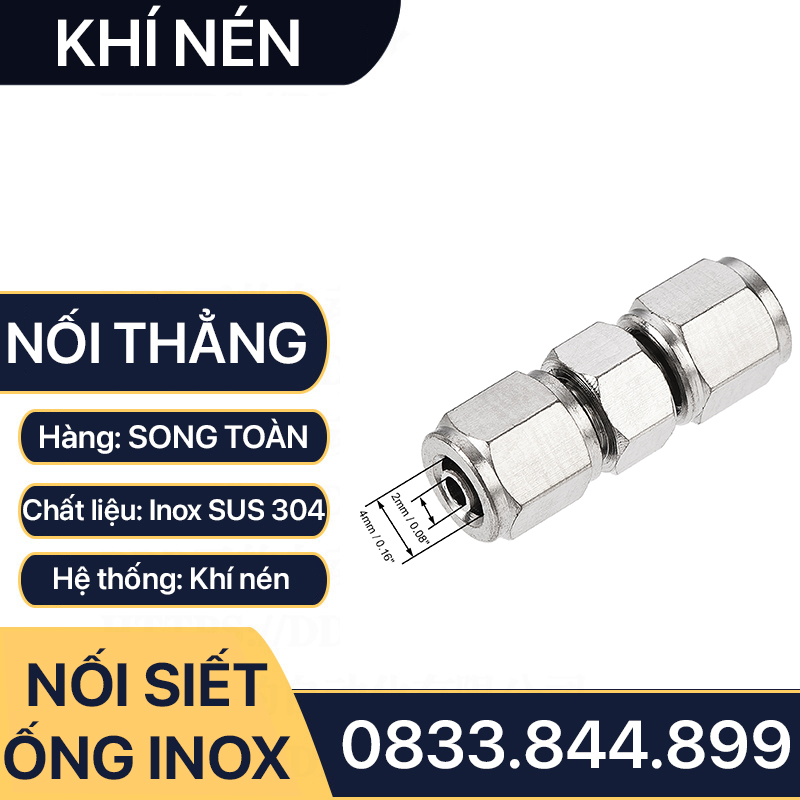 Đầu Thẳng Hai Đầu Ống Mềm Inox, Nối Thẳng Hai Đầu Siết Ống Mềm - Inox 304