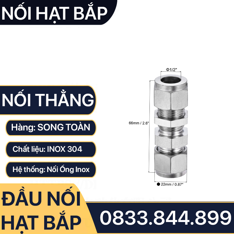 Nối Thẳng Hạt Bắp Inox, Bộ Hai Đầu Hạt Bắp Nối Vách Ngăn Côn Lõm Hạt Bắp Inox 304