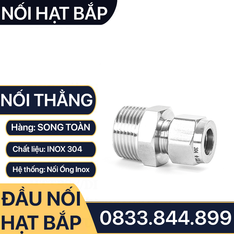 Nối Ren Ngoài Hạt Bắp Inox 304, Đầu Nối Ren Ngoài Côn Lõm Hạt Bắp Inox 304