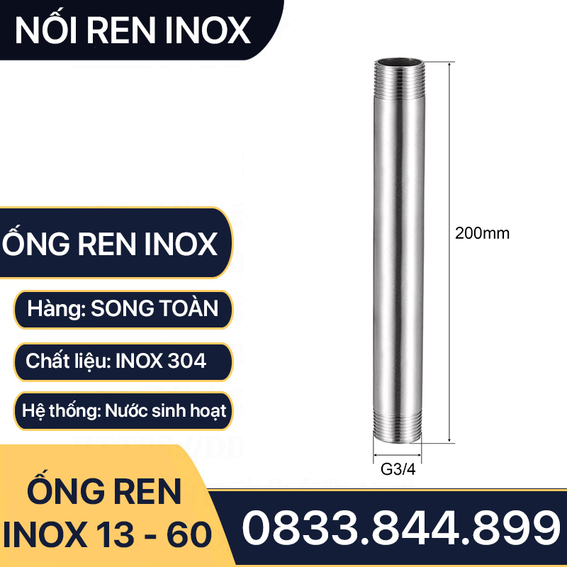 Ống Ren Inox, Ống Inox Tiện Hai Đầu Ren Ngoài - 10cm & 20cm