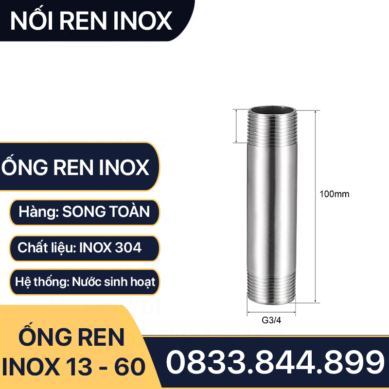 Ống Ren Inox, Ống Inox Tiện Hai Đầu Ren Ngoài - 10cm & 20cm