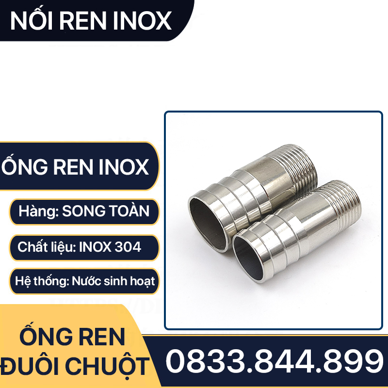 Ống Ren Inox Đuôi Chuột, Ống Inox Tiện 1 Đầu Ren Ngoài 1 Đầu Đuôi Chuột - 10cm & 20cm