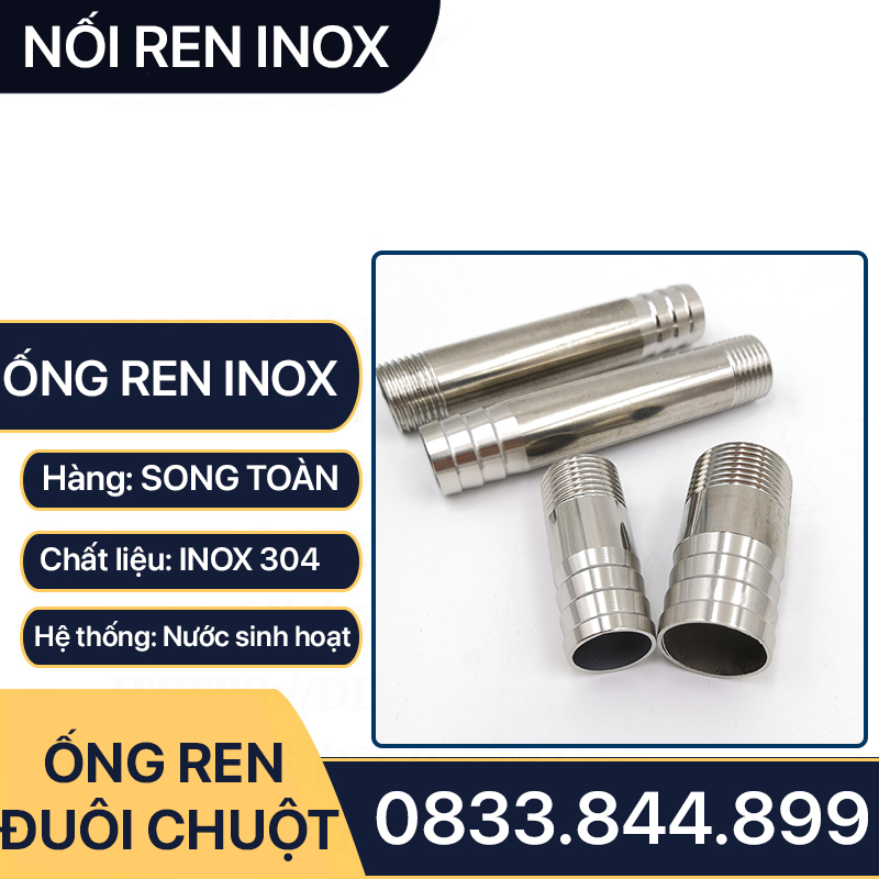 Ống Ren Inox Đuôi Chuột, Ống Inox Tiện 1 Đầu Ren Ngoài 1 Đầu Đuôi Chuột - 10cm & 20cm