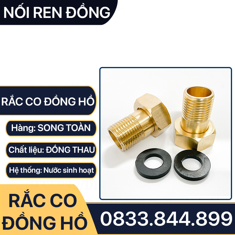 Rắc Co Đồng Hồ Nước, Đầu Nối Rắc Co Đồng Hồ Ren Trong Ren Ngoài Thân Tròn - Đồng Thau