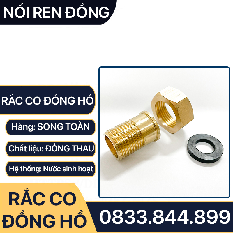 Rắc Co Đồng Hồ Nước, Đầu Nối Rắc Co Đồng Hồ Ren Trong Ren Ngoài Thân Tròn - Đồng Thau