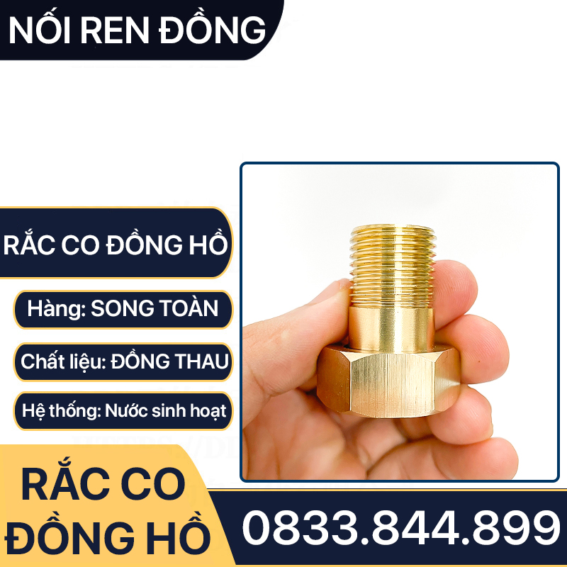 Rắc Co Đồng Hồ Nước, Đầu Nối Rắc Co Đồng Hồ Ren Trong Ren Ngoài Thân Tròn - Đồng Thau