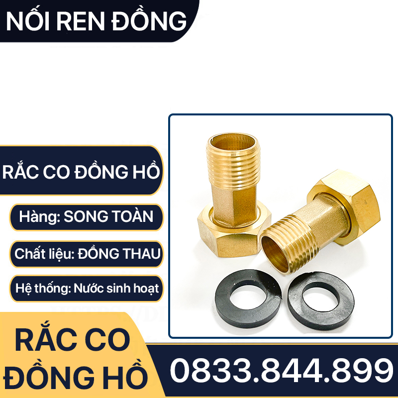 Rắc Co Đồng Hồ Nước, Đầu Nối Rắc Co Đồng Hồ Ren Trong Ren Ngoài Lục Giác - Đồng Thau