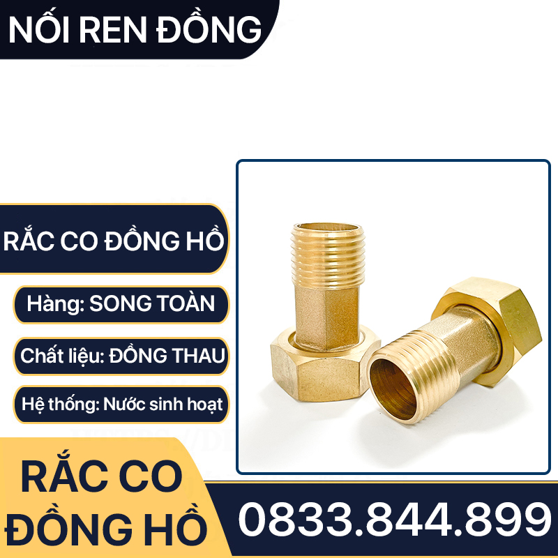 Rắc Co Đồng Hồ Nước, Đầu Nối Rắc Co Đồng Hồ Ren Trong Ren Ngoài Lục Giác - Đồng Thau