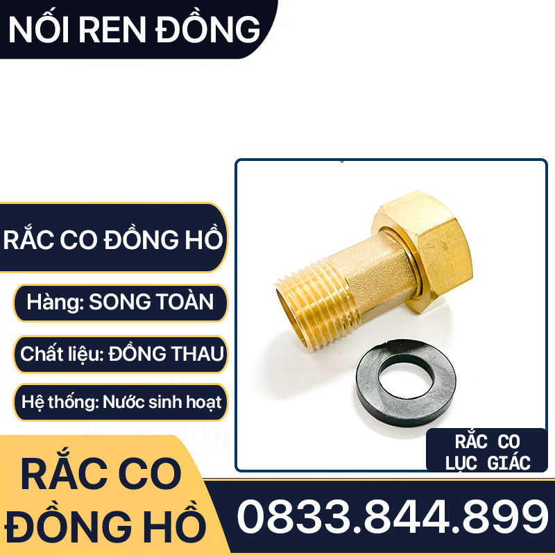 Rắc Co Đồng Hồ Nước Ren Trong 27 Ren Ngoài 21 Thân Lục Giác - Đồng Thau