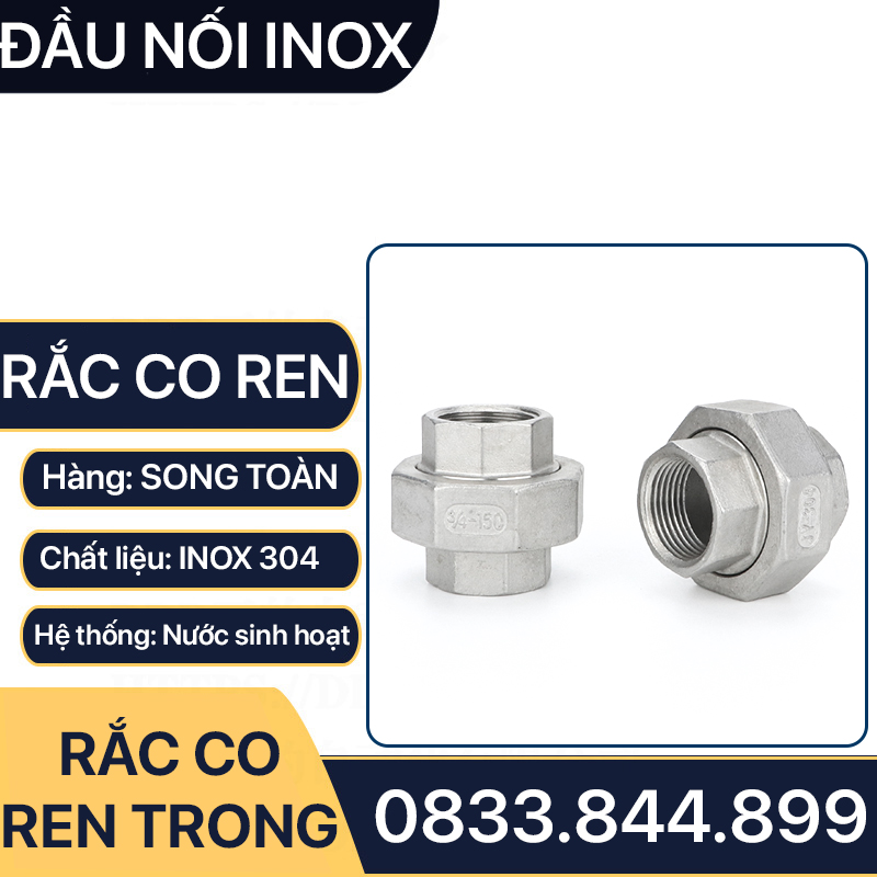 Rắc Co Inox 304, Đầu Nối Rắc Co Ren Trong Inox 304