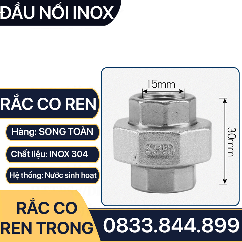 Rắc Co Inox 304, Đầu Nối Rắc Co Ren Trong Inox 304