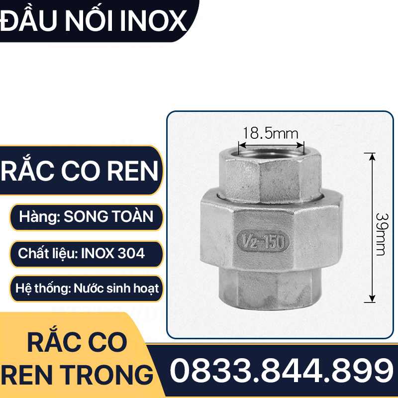 Rắc Co Inox 304, Đầu Nối Rắc Co Ren Trong Inox 304