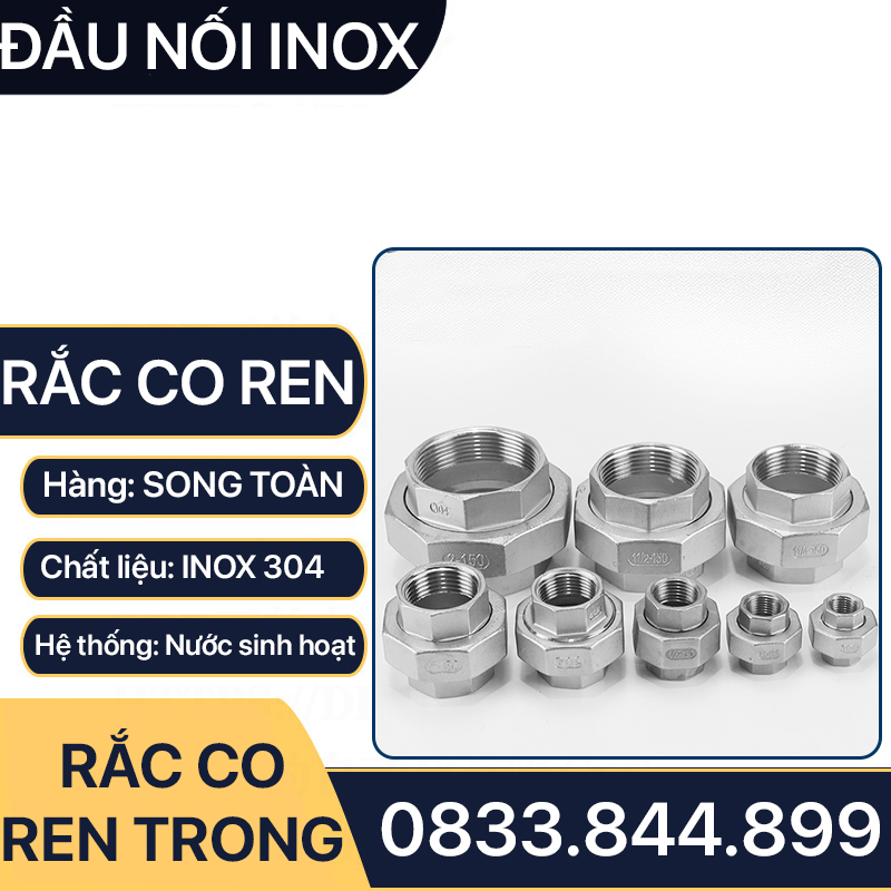 Rắc Co Inox 304, Đầu Nối Rắc Co Ren Trong Inox 304