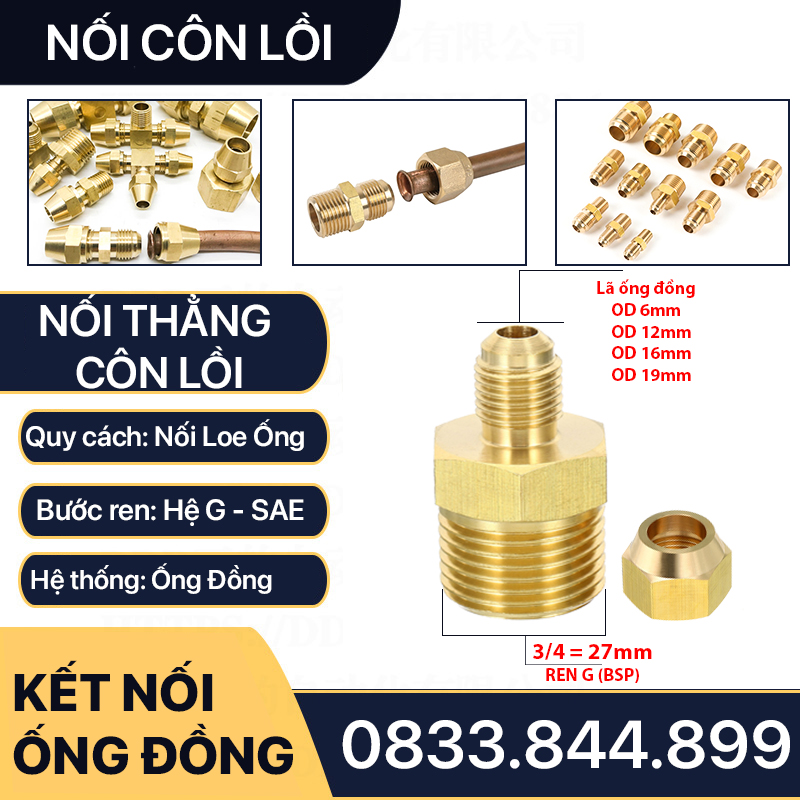 Thân Nối Thẳng Ren Ngoài Côn Lồi Lã Ống Đồng NPT Phi 6 8 10 12 16 19mm (Brass Flare Fitting Male Connector NPT)