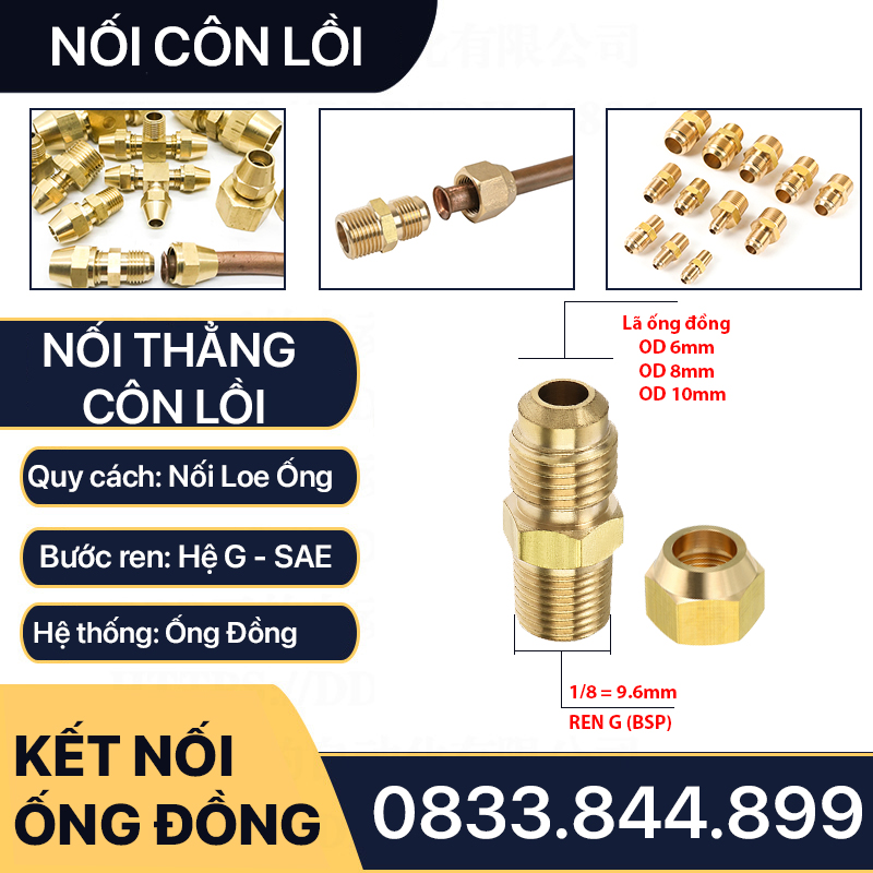 Thân Nối Thẳng Ren Ngoài Côn Lồi Lã Ống Đồng NPT Phi 6 8 10 12 16 19mm (Brass Flare Fitting Male Connector NPT)