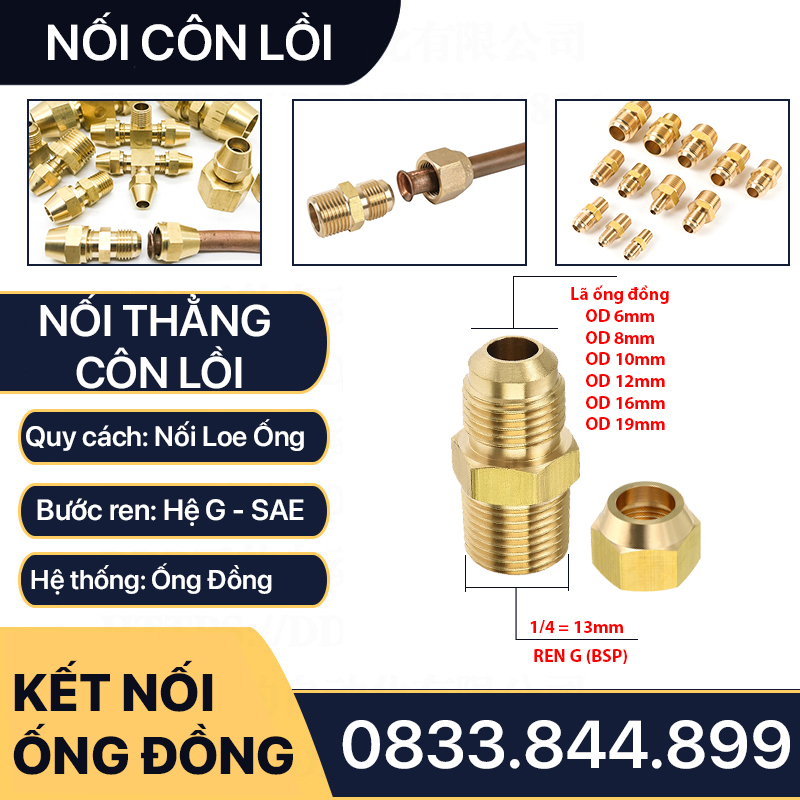 Bộ Nối Thẳng Ren Ngoài 1/4 (13) Côn Lồi Lã Ống Đồng NPT Phi 6 8 10 12 16 19mm (Brass Flare Fitting Male Connector NPT)
