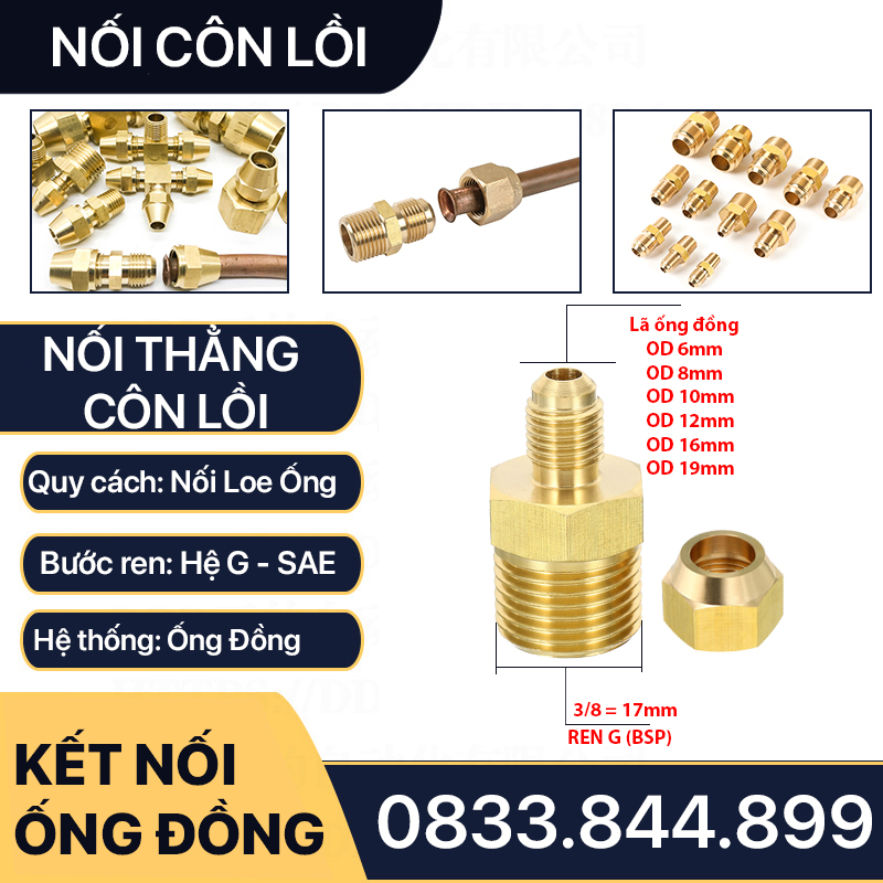 Thân Nối Thẳng Ren Ngoài Côn Lồi Lã Ống Đồng NPT Phi 6 8 10 12 16 19mm (Brass Flare Fitting Male Connector NPT)