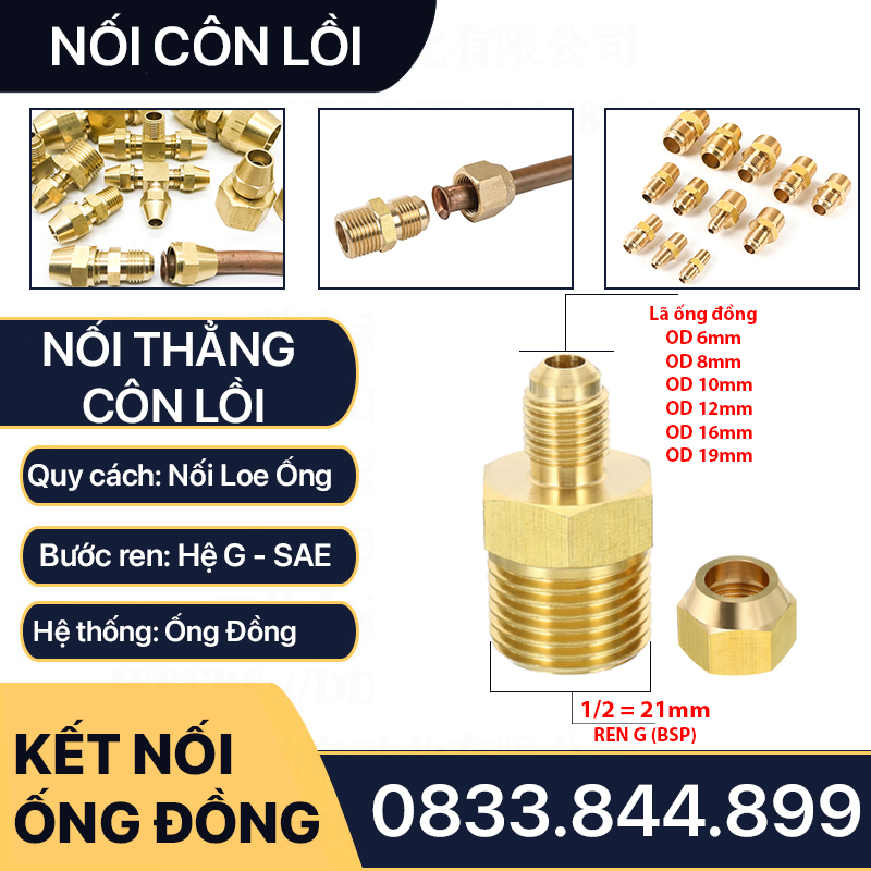 Thân Nối Thẳng Ren Ngoài Côn Lồi Lã Ống Đồng NPT Phi 6 8 10 12 16 19mm (Brass Flare Fitting Male Connector NPT)