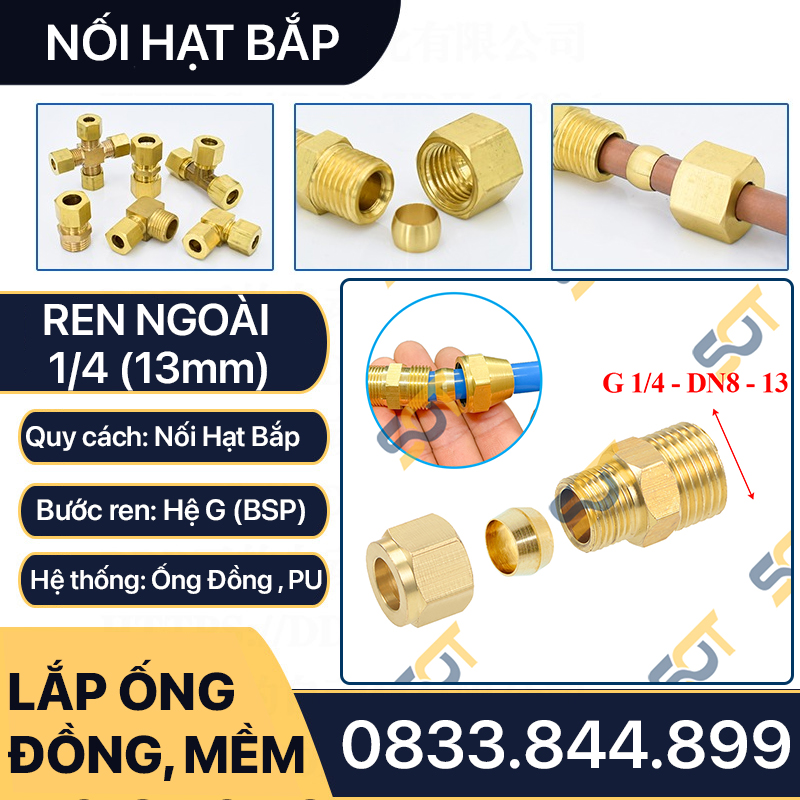 Nối Ren Ngoài 1/4 (13), 1 Đầu Ren 1 Đầu Côn Lõm Hạt Bắp NPT Nối Ống Đồng, Ống PU