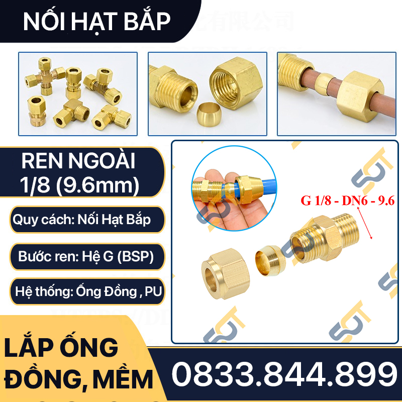 Nối Ren Ngoài 1/8 (9.6), 1 Đầu Ren 1 Đầu Côn Lõm Hạt Bắp NPT Nối Ống Đồng, Ống PU