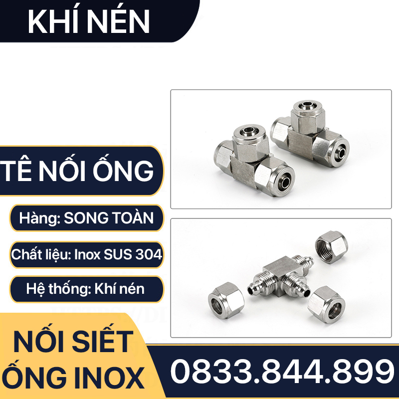 Đầu Nối Tê Ba Đầu Ống Mềm Inox, Nối Tê Ba Đầu Siết Ống Mềm - Inox 304