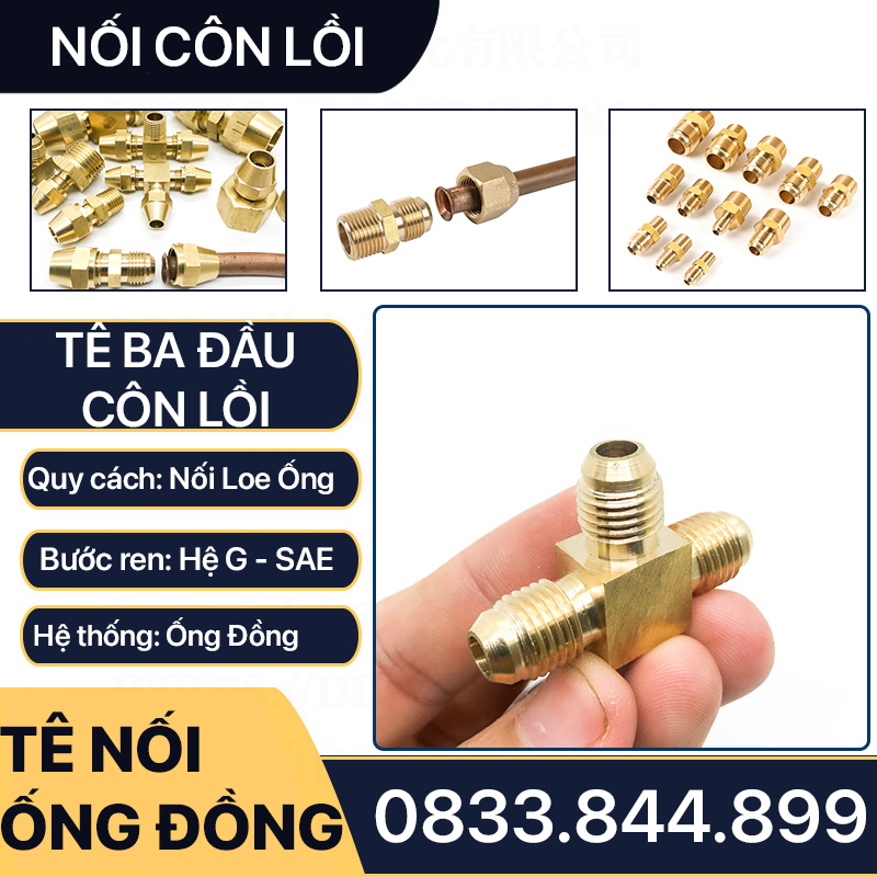 Bộ Nối Tê Ba Đầu Côn Lồi Lắp Lã Ống Đồng NPT Phi 6 8 10 12 16mm (Brass Flare Fitting Elbow Connector NPT)