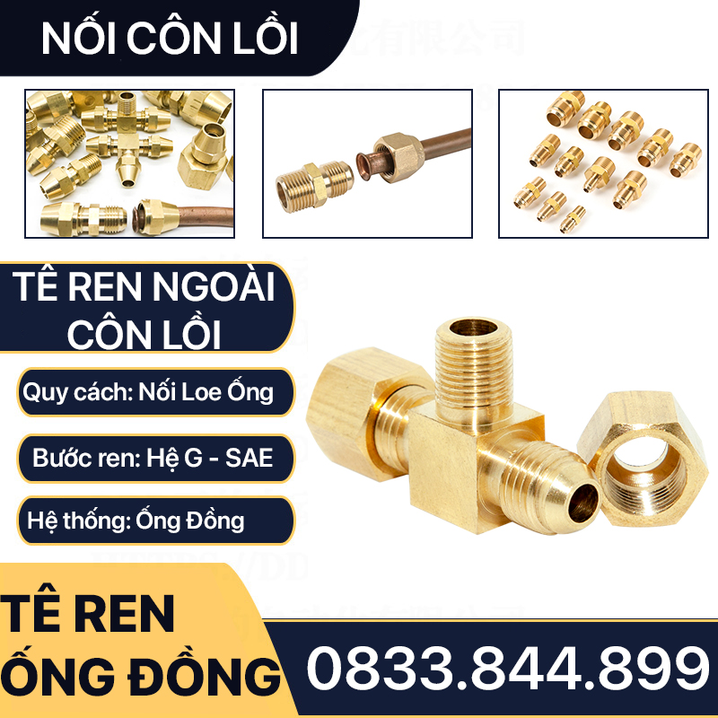 Bộ Tê Ren Ngoài Côn Lồi Lắp Lã Ống Đồng NPT Phi 6 8 10 12 16 19mm (Brass Flare Fitting Elbow Connector NPT)