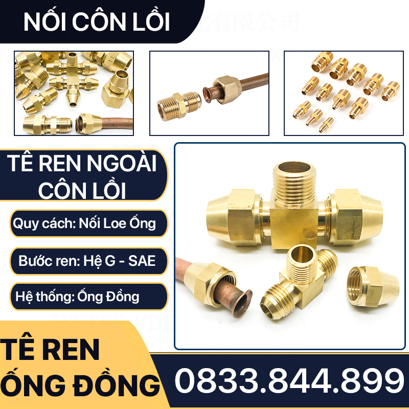 Bộ Tê Ren Ngoài Côn Lồi Lắp Lã Ống Đồng NPT Phi 6 8 10 12 16 19mm (Brass Flare Fitting Elbow Connector NPT)