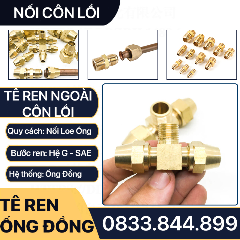 Bộ Tê Ren Ngoài Côn Lồi Lắp Lã Ống Đồng NPT Phi 6 8 10 12 16 19mm (Brass Flare Fitting Elbow Connector NPT)